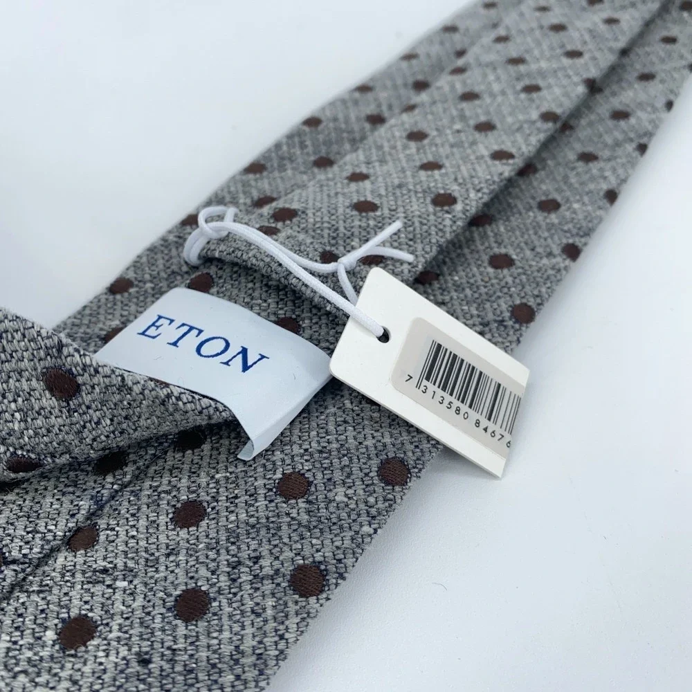 Eton Tie Mens One Size Gray Brown Polka‎ Dot Silk Classic Necktie Italy Made